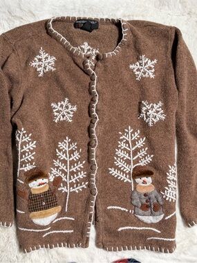 Brown Snowman Embroidered Cardigan Sweater